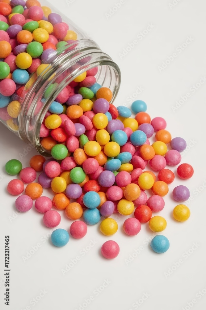 Obraz premium A colorful array of round candies spills from a clear glass jar onto a white surface.