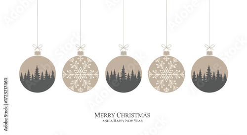 Elegant Christmas ornaments with forest and snowflakes design for a festive and joyful holiday season greeting, perfect for winter celebrations