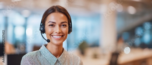 The smiling woman with a headset in a modern office environment.