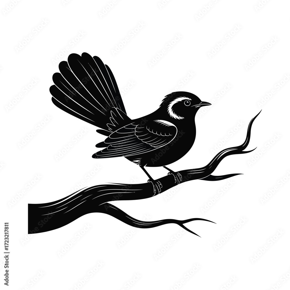 Fototapeta premium Bird on Branch Silhouette Illustration Vector: A Black Bird Perched on a Detailed Branch, Featuring Intricate Feather Details and a Clean White Background