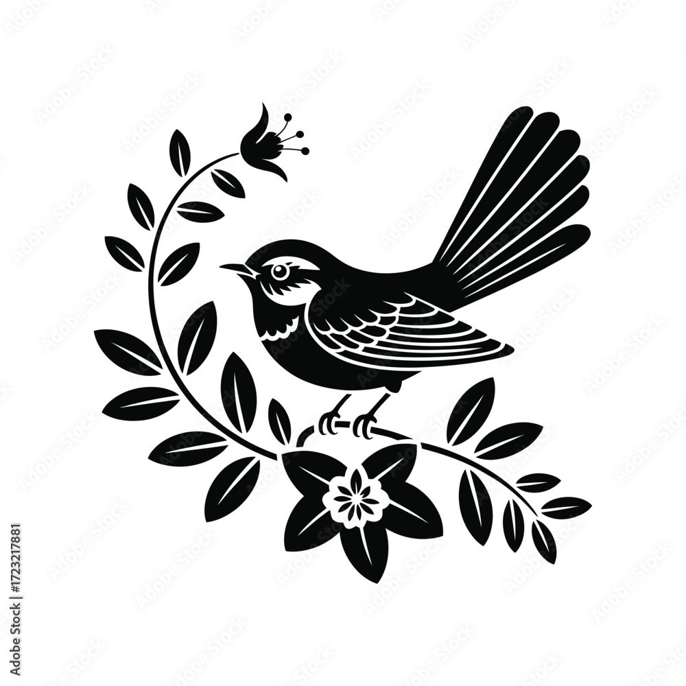 Fototapeta premium Elegant Bird Silhouette Illustration on Floral Branch Black Vector Design: A Detailed Depiction of Nature's Beauty in a Striking Monochrome Style