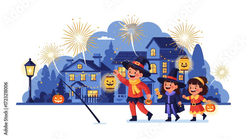 Halloween Night Gathering: Delightful children adorned in Halloween costumes, stroll down a spooky street, with twinkling fireworks, jack-o'-lanterns illuminating the houses.