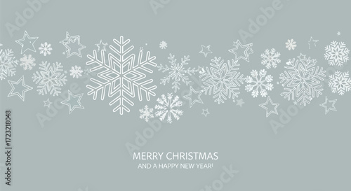 Christmas background with snowflakes and stars on a gray background.