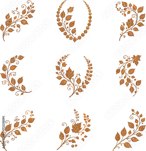 Collection of nine elegant vintage floral ornamental elements with delicate leaves and swirling branches for decorative design projects