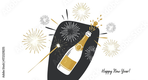 Celebrate New Year's Eve with a popping champagne bottle and vibrant fireworks for a festive and joyous occasion, great for holiday promotions