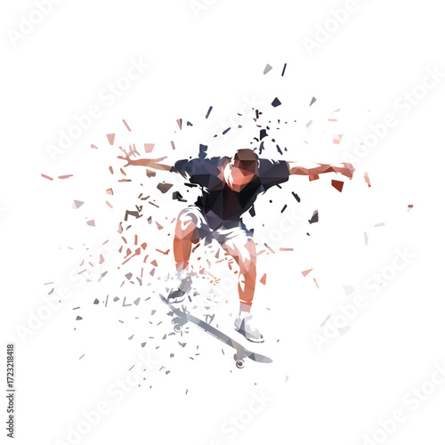 Skateboarding, skateboarder low polygonal logo. Distorted skateboard trick isolated vector illustration. Skate park