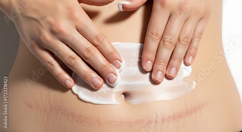 Close-up of a woman applying cream to her abdomen, with visible stretch marks, emphasizing skincare and body positivity