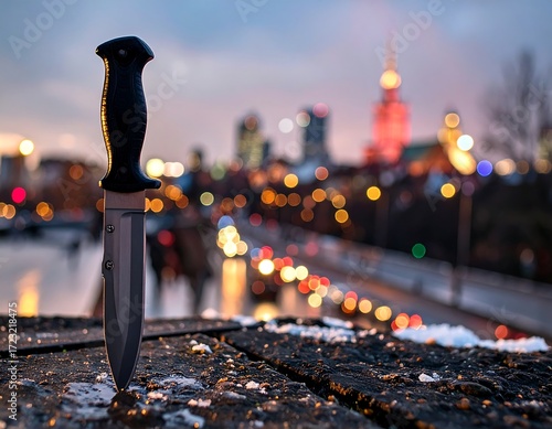 A knife sits on a weathered surface overlooking a city at twilight