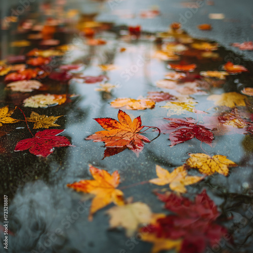 Colorful autumn leaves floating in shallow puddles after rain, reflecting the cloudy sky. Soft diffused light creates a calm, cozy autumn atmosphere