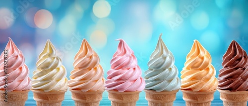 The Soft-Serve Ice Cream Cones in Pastel Colors on a Blue Bokeh Background