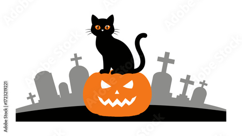 Mysterious Halloween scene: A sleek black cat, with piercing eyes, perched atop a carved pumpkin, creating a spooky vibe in a grave yard . This vector captures the essence of the holiday.
