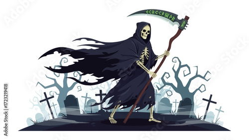 Grim Reaper in Graveyard: The Grim Reaper, cloaked in darkness and brandishing a scythe, strides through a desolate graveyard under a twilight sky, embodying mortality in this evocative illustration.