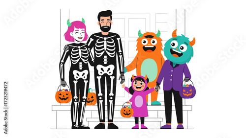 Festive Halloween Family: A lively illustration depicts a family dressed in Halloween costumes, radiating spooky charm and togetherness. Each member.