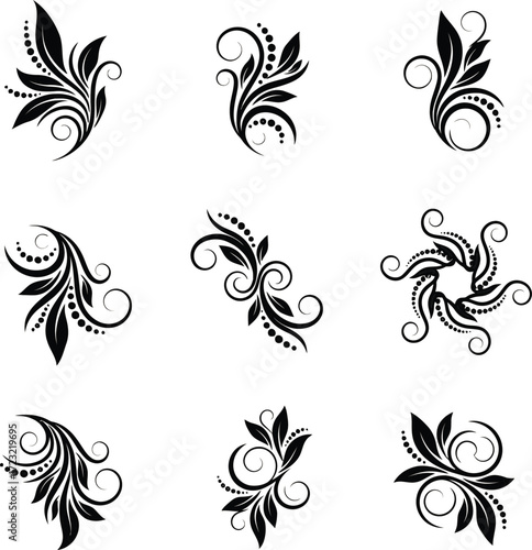 Collection of nine elegant black floral ornamental design elements and decorative flourishes for graphic design