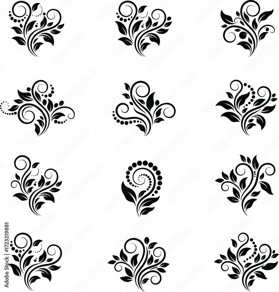 Fototapeta premium Collection of twelve elegant black floral ornamental design elements and decorative flourishes for graphic design