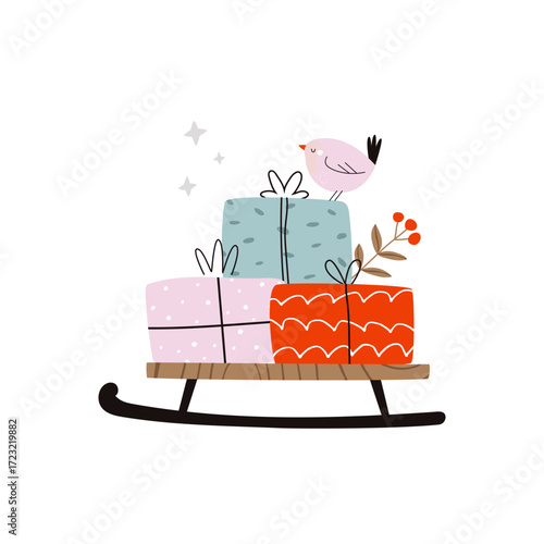 Cute Yeti with Berries. Happy Winter Monster Illustration. Adorable Snowman Character on Gray Background