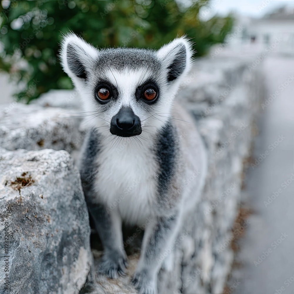 Obraz premium Ring Tailed Lemur Staring Directly Into Camera on Stone Wall with Blurred Foliage Background