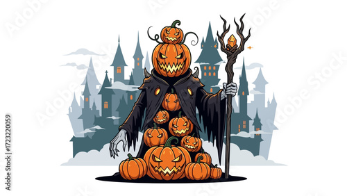 Sinister Halloween Pumpkin King: An eerie pumpkin king, crowned with smaller pumpkins and draped in a shadowy cloak, menacingly stands against the backdrop of a gothic castle.