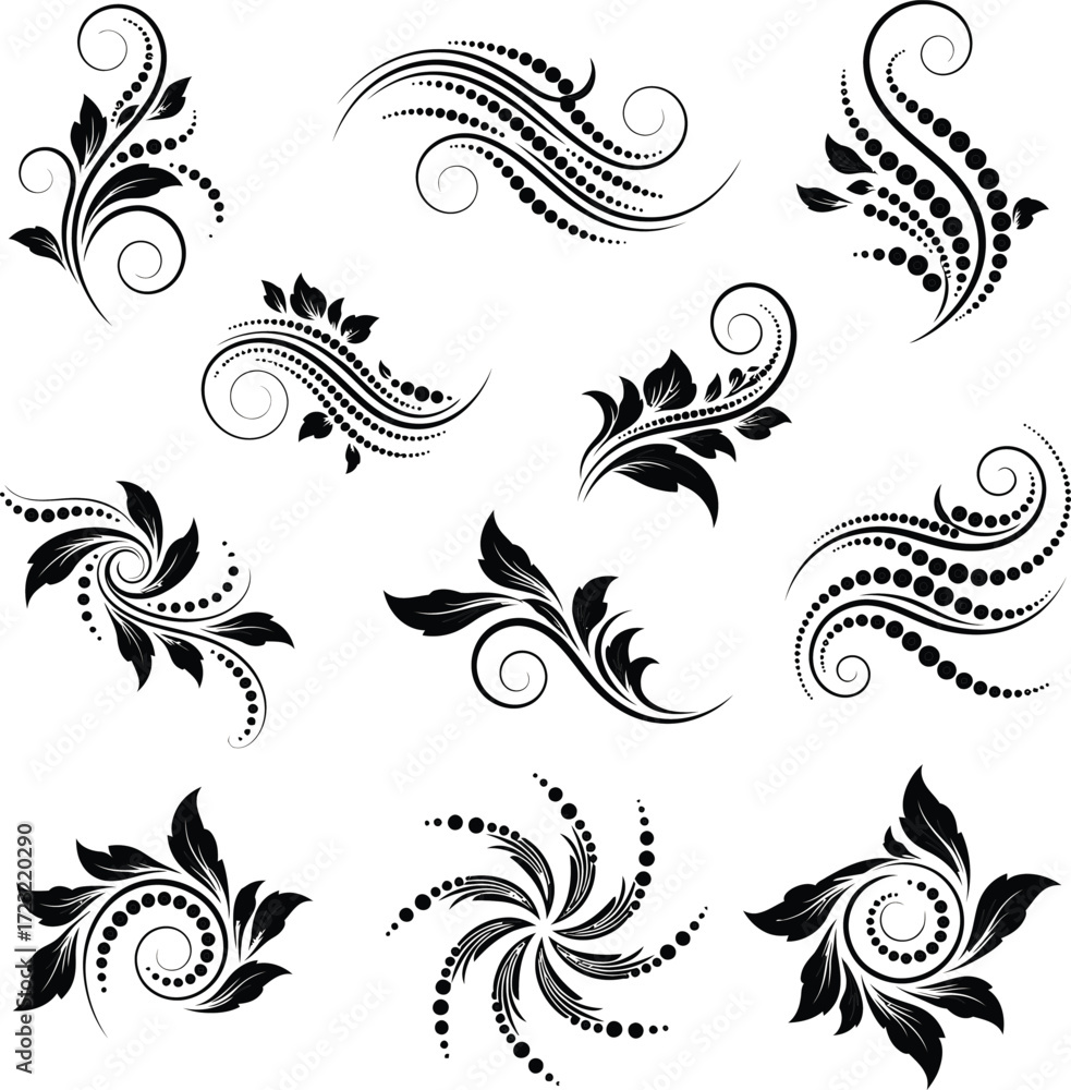 Fototapeta premium Collection of elegant black floral and swirling decorative elements with leaf and dot patterns on white background