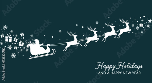 Santa's magical sleigh ride delivering holiday cheer with reindeer and gifts, perfect for vibrant seasonal cards and festive celebrations