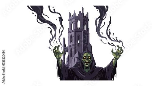 Animated Mystic and Ruined Tower: An ominous animated illustration, showcasing a spectral figure conjuring dark energy, its sinister presence accentuated by a decaying, gothic tower in the background.
