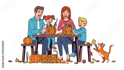 Halloween Family Carving Pumpkins: A lively family scene filled with festive spirit as they carve pumpkins together, with smiles and laughter. A curious cat playfully joins the fun.