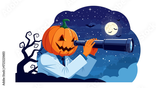Observing the Cosmos: In this whimsical illustration, a pumpkin-headed figure gazes through a telescope under a star-studded night sky and a full moon.