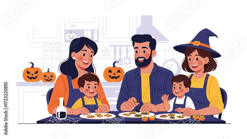 Family bonding over Halloween cookies: An illustration depicts a family engrossed in the festive joy of Halloween, decorating cookies and sharing a heartwarming time