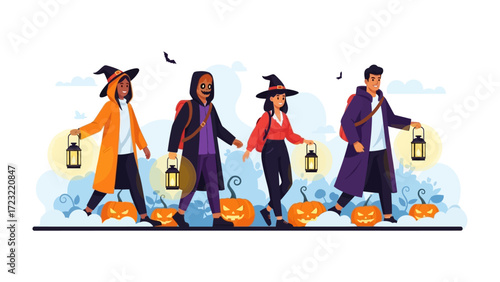 Halloween Parade of Figures: A gathering of costumed figures, each clutching a lantern and treading among decorative pumpkins under a moonlit sky, embodying the spirit of the season.