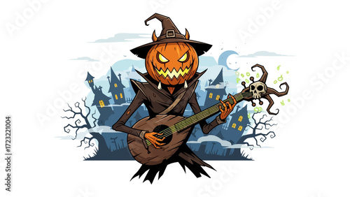 Haunted Melodies: A whimsical illustration showcases a pumpkin-headed figure in a Halloween costume, clutching a guitar as they serenade a spooky graveyard.