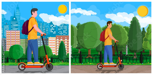 Man riding electric scooter. Ecologic transport. Electric transport for city. Flat style vector set collection illustration.