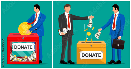 Men donating money in flat style. Charity and financial contribution concept. Businessmen put coin and dollar bill into donate box.