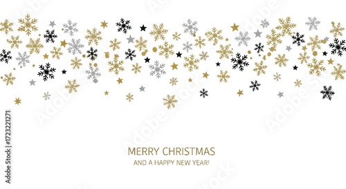Elegant gold and silver snowflakes cascade across a festive Merry Christmas and Happy New Year background