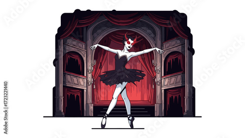 Mysterious Ballerina in Theater: A darkly alluring ballerina, draped in a black tutu, gracefully poses on stage before a grand theater backdrop with a gothic aura.