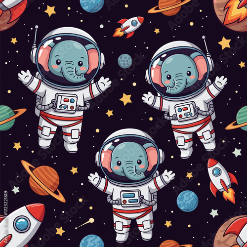 Cute astronaut elephants float in a whimsical space surrounded by planets stars and rockets