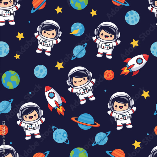 Smiling cartoon astronauts explore space with rockets and planets a fun educational pattern
