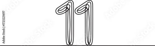 Minimalist continuous one line drawing of number 11 in modern geometric black and white style illustration on white background
