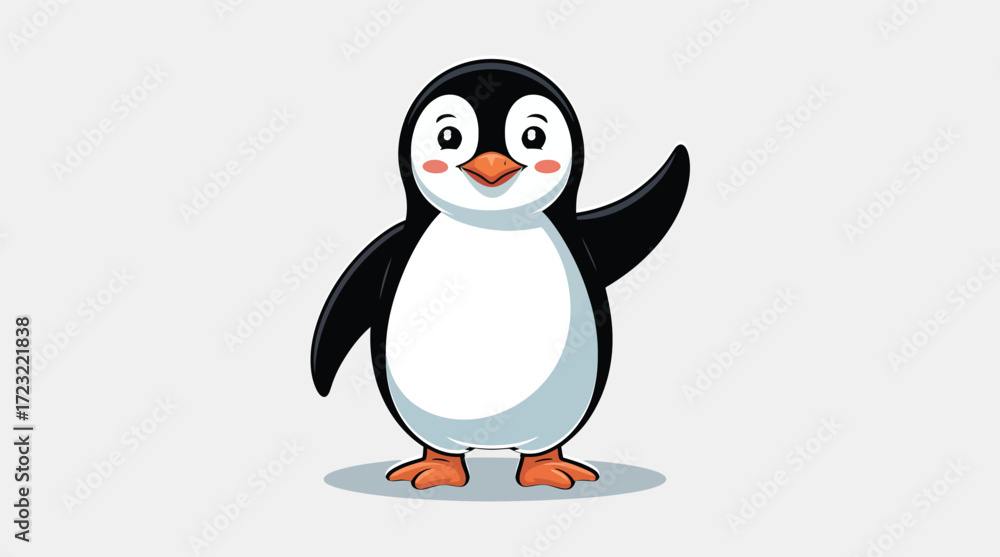 Obraz premium Cartoon penguin waving with rosy cheeks and orange feet—symbolizing winter charm, childhood joy, and playful educational or festive themes 