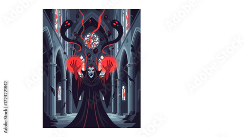 Dark Sorcerer in the Gothic Cathedral: An eerie illustration of a dark sorcerer standing within a foreboding gothic cathedral, emanating a sinister aura of power, dark magic, and supernatural mystery.