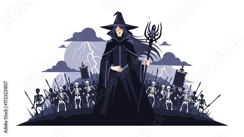 Mystical sorceress: A powerful sorceress stands regally, surrounded by an army of skeletons, amidst a stormy landscape.