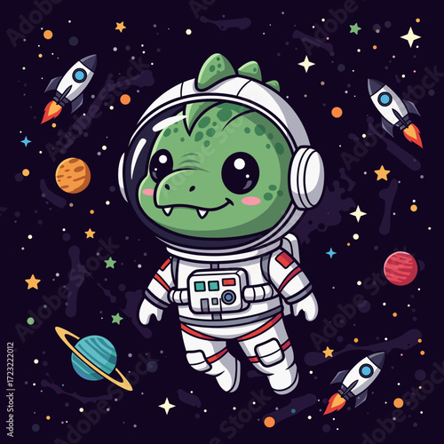 Cute dinosaur astronaut joyfully floats in starry space with rockets and colorful planets Childlike wonder