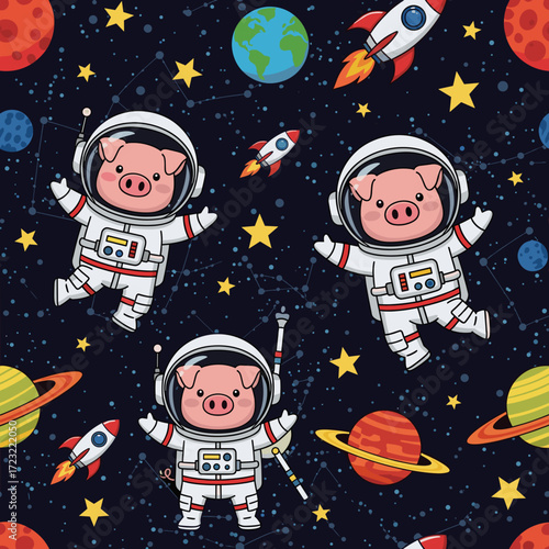 Cute astronaut pigs floating in space among planets rockets and stars Fun cosmic adventure