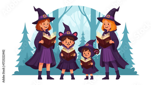 Young Witches Chanting Spells: A charming illustration of four young witches, adorned in elegant capes and pointy hats, immersed in a mystical scene, focused on their spell books. 