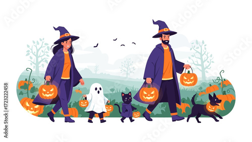 Spooky Family Outing: A family of four, costumed for Halloween, sets off to trick-or-treat with excited anticipation in a friendly neighborhood, with a ghost and a cat joining their journey.