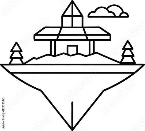 futuristic floating island resort line art illustration on transparent