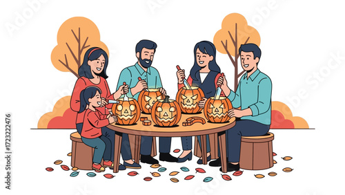 Family Halloween Crafting: A joyful family, gathered around a table, meticulously carve pumpkins with glowing smiles. Capturing the spirit of togetherness, tradition, and festive cheer.