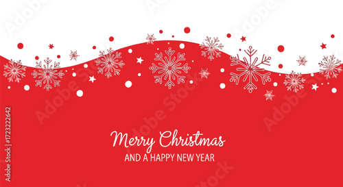 Festive Christmas greeting card with a red background, snowflakes, and holiday text.