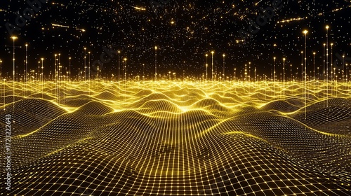 Abstract golden wave with shining particles photographed on DSLR, 24mm wide angle, sharp detail on glowing abstract flow