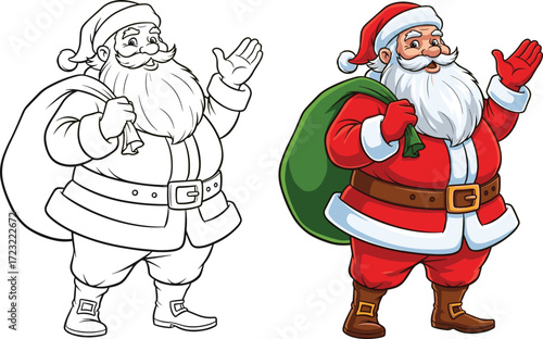 Santa Claus cartoon illustration, black and white outline, colored festive character, Christmas artwork, holiday icon, seasonal design, gift sack