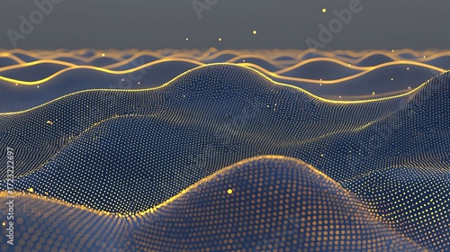 Abstract golden wave with shining particles photographed on DSLR, 24mm wide angle, sharp detail on glowing abstract flow